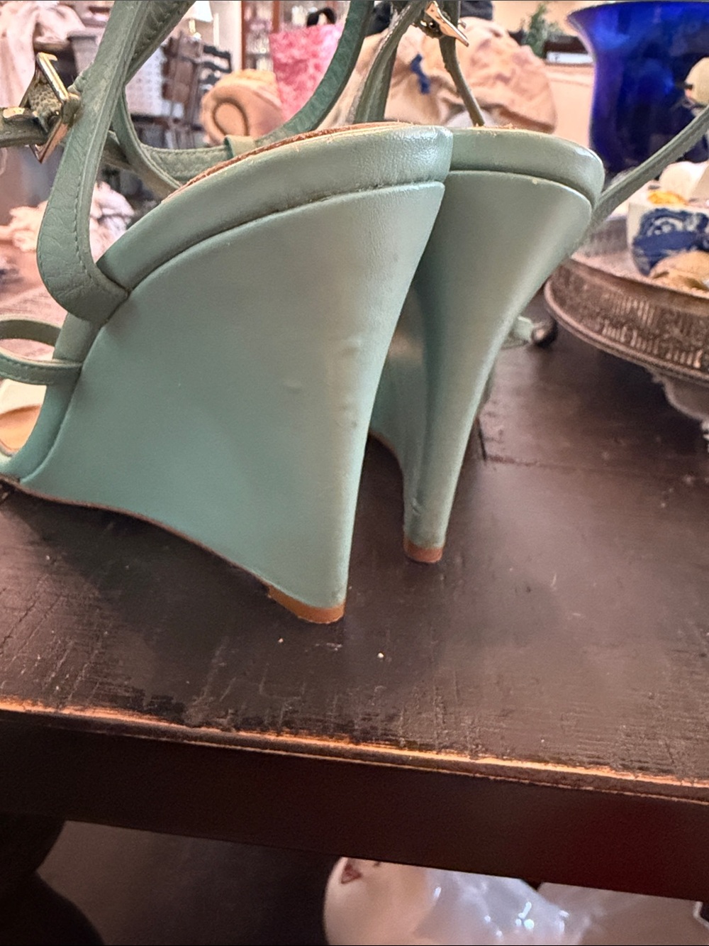 Badgley Mischka Sage Green Leather T-Strap Wedge Sandals with Cream Accent - Picture 5 of 10